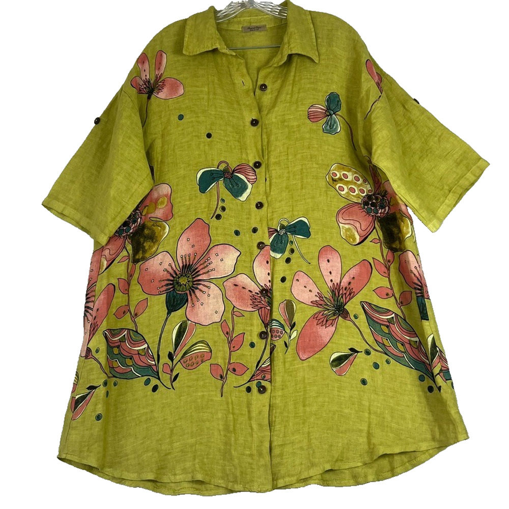 Beyond Capri Button Up Tunic Shirt Women's One Size Green Floral Summer Linen